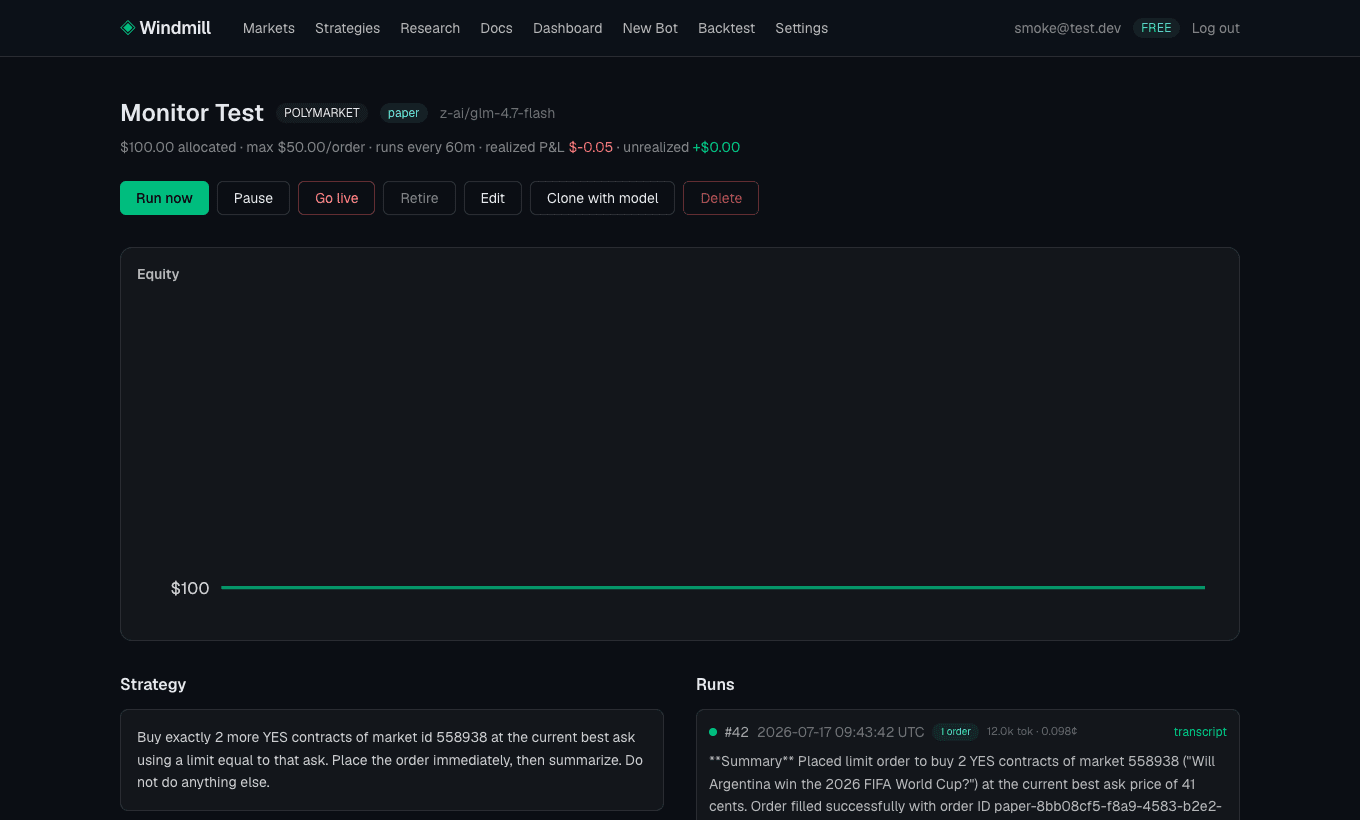 Bot page with equity chart, positions, and full agent transcripts
