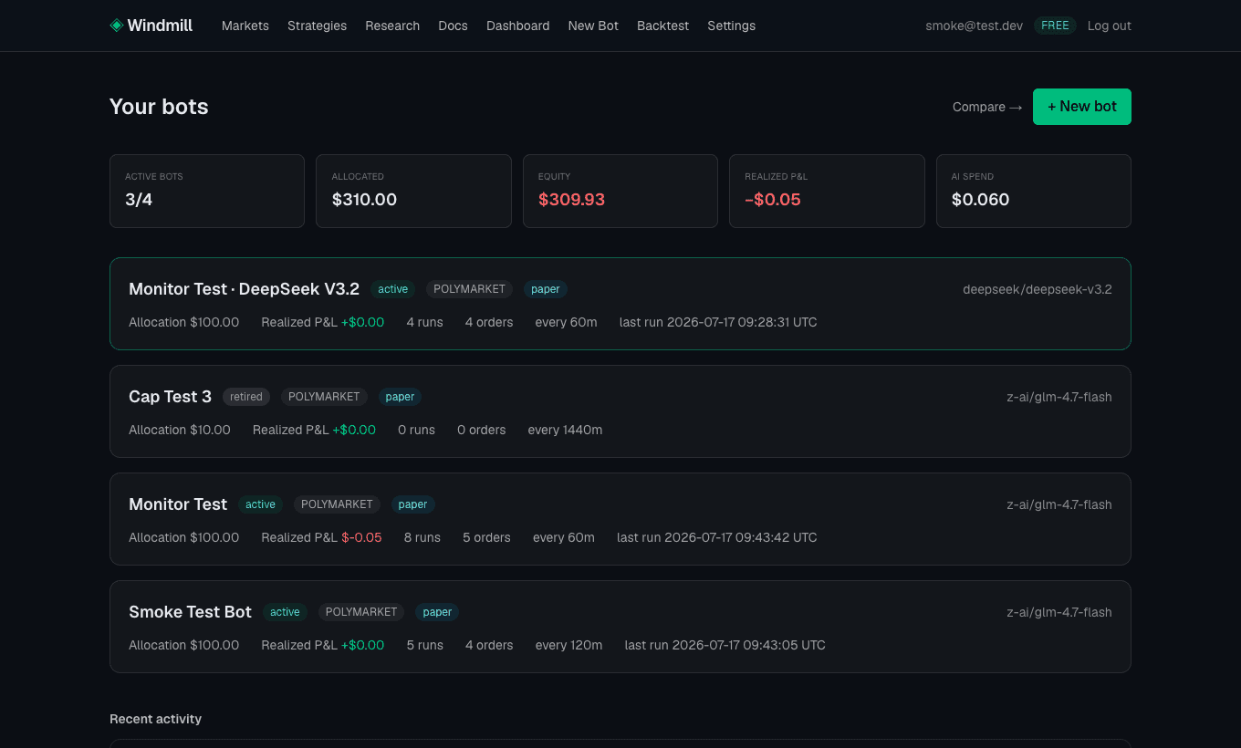 Windmill dashboard: fleet stats, bots with P&L, and recent trading activity